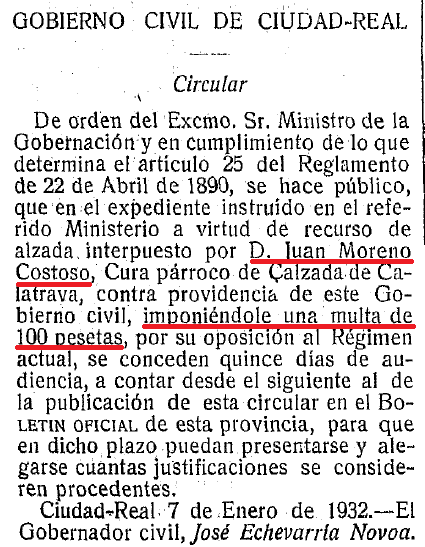 Circular publicada el 11 de enero de 1932 en el Boletín Oficial de la Provincia sobre la multa al párroco D. Juan Moreno Costoso. 