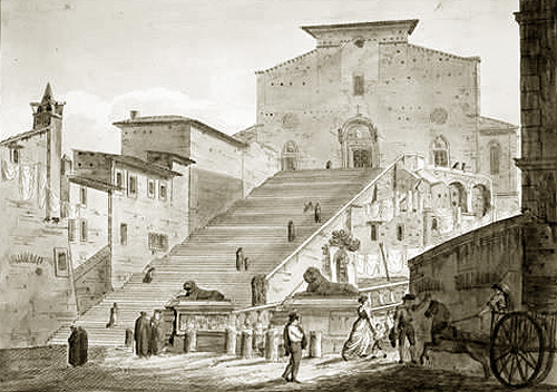 Templo de Santa María de Aracoeli y su gran escalinata. A la derecha se ven las antiguas viviendas romanas demolidas hacia 1882. A la izquierda, se distingue parte de las ruinas del ancestral templo pagano de la Colina Capitolina, en grabado italiano de 1833.