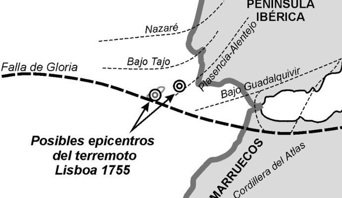 Localización del epicentro del terremoto de Lisboa de 1755 según distintos autores y zonas costeras más afectadas por las olas del tsunami.