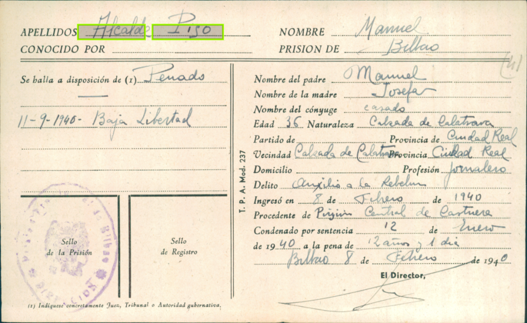 Documento penitenciario de Manuel Alcaide Viso