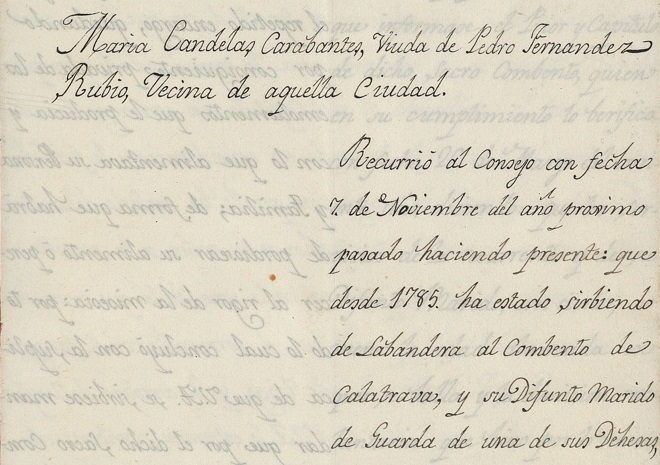 Extracto del expediente original de 1831: sobre petición de María Candelas Carabantes al Consejo de Órdenes.