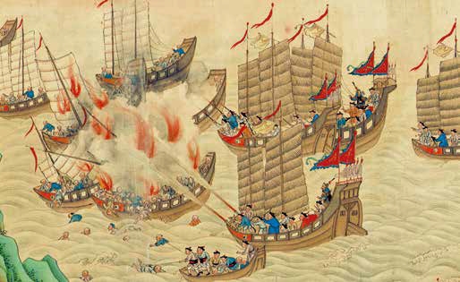Escaramuza de juncos con piratas en el mar del sur de la China. Rollo de la dinastía Qing
