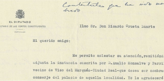 Carta del diputado por Ciudad Real Don Cirilo del Río al Director Genral de Bellas Artes.